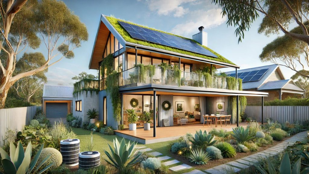 Eco-friendly Australian investment property with solar panels, energy-efficient windows, and a rainwater collection system. Surrounded by native plants and designed for sustainability.