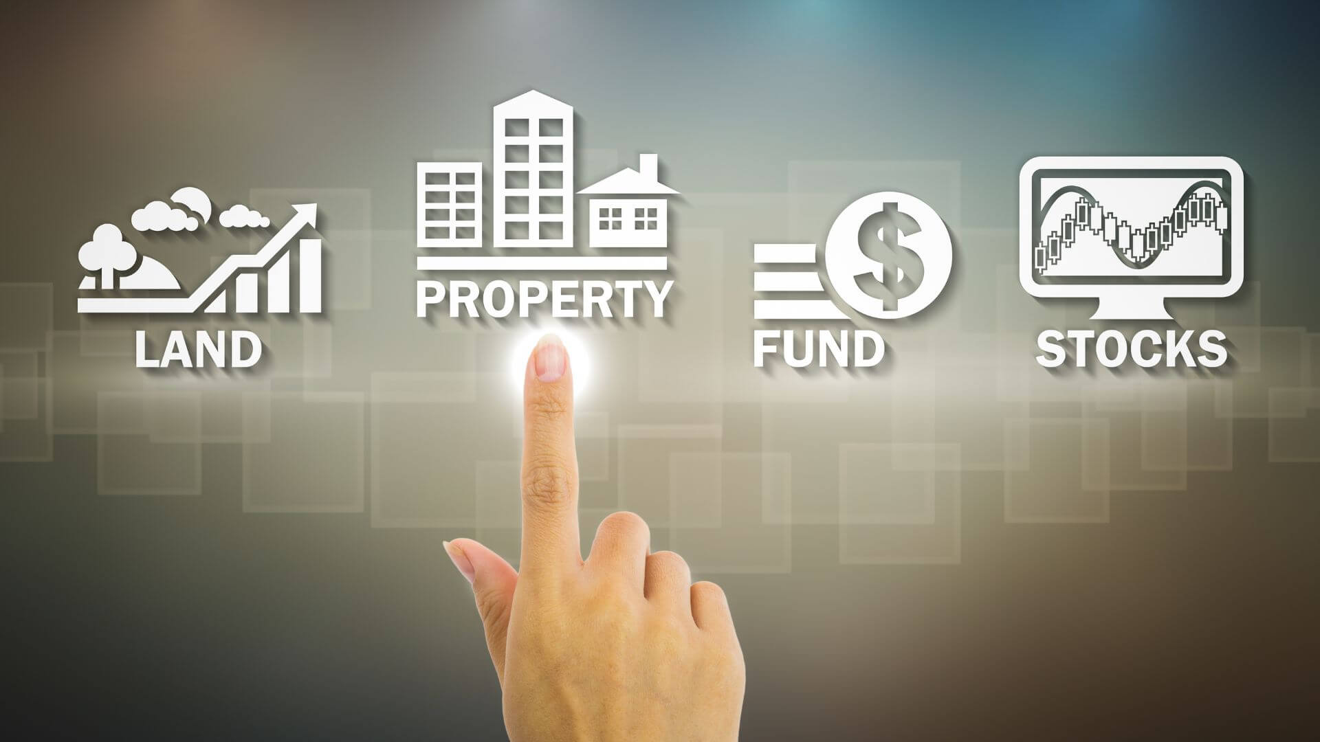 A digital illustration highlighting smart property investment choices, featuring icons for land, property, funds, and stocks, with a hand selecting "Property."